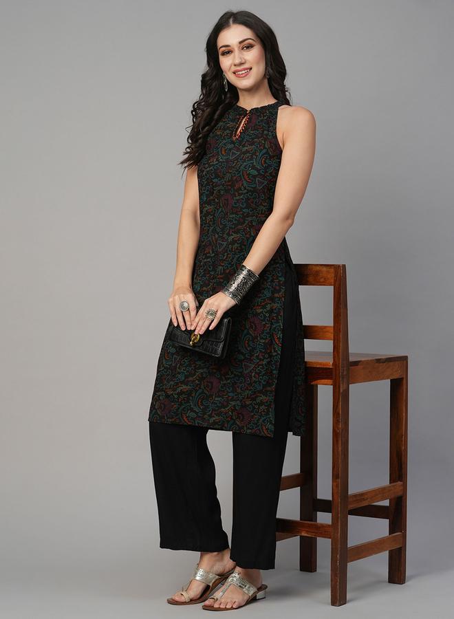 globus Black Keyhole Ethnic Print Straight Kurta with Pants Set - Image 1