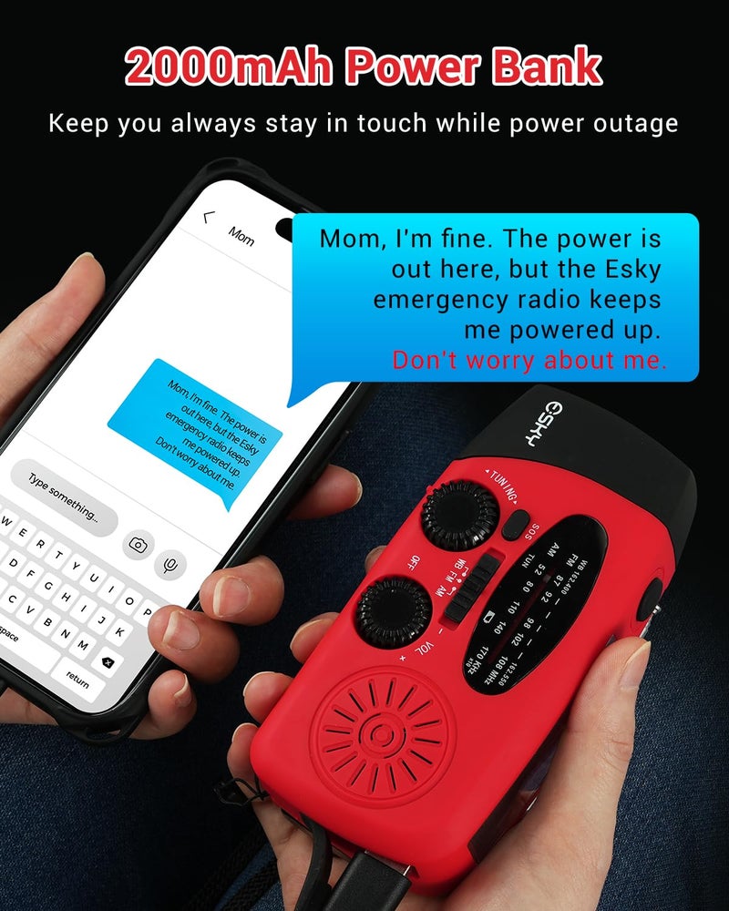Esky Emergency Hand Crank Radio 7400mWh with 3 LED Flashlight, AM/FM/NOAA Portable Weather Radio with Power Bank Phone Charger, Solar Powered Rechargeable Radio for Indoor Survival Camping, SOS Alarm - Image 4