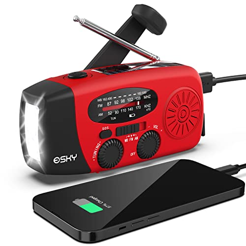 Esky Emergency Hand Crank Radio 7400mWh with 3 LED Flashlight, AM/FM/NOAA Portable Weather Radio with Power Bank Phone Charger, Solar Powered Rechargeable Radio for Indoor Survival Camping, SOS Alarm - Image 1