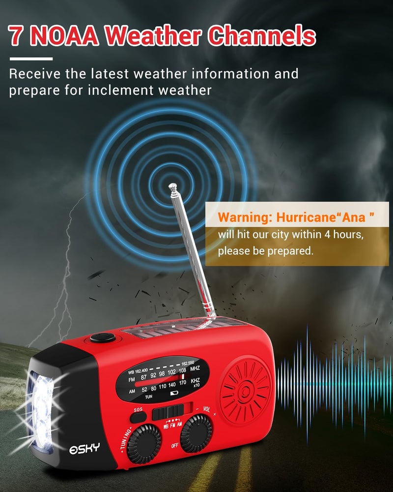 Esky Emergency Hand Crank Radio 7400mWh with 3 LED Flashlight, AM/FM/NOAA Portable Weather Radio with Power Bank Phone Charger, Solar Powered Rechargeable Radio for Indoor Survival Camping, SOS Alarm - Image 2