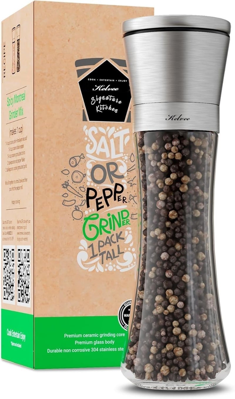 KELVEE Premium Stainless Steel Sea Salt and Pepper Grinder Set of 1 - Ceramic Blades, Adjustable Coarseness, Refillable Tall Glass Salt and Pepper Shakers - Kitchen Spice Mill (Mannual Pack of 1) - Image 1