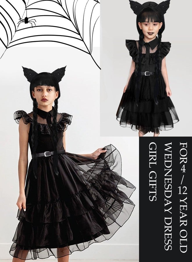YZNlife Black Dress for Kids Girls, Addams Family Cosplay Outfit Gothic Costumes for Halloween, Family Party, Birthday with Accessories for 11-12Y - Image 3