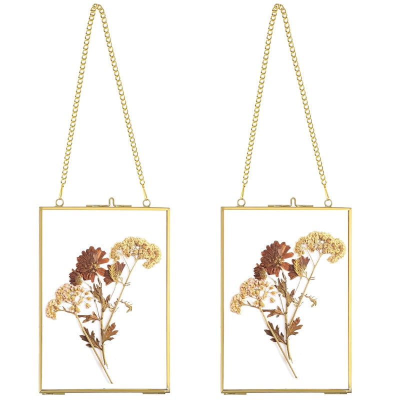 JUXYES Set of 2 Wall Hanging Brass Frames for Pressed Flowers, Double Glass Hanging Picture Artwork Display Frame, Vertical Gold Floating Style Gallery Wall Frame for Photo Picture Poster etc, 4x6 Inches - Image 1