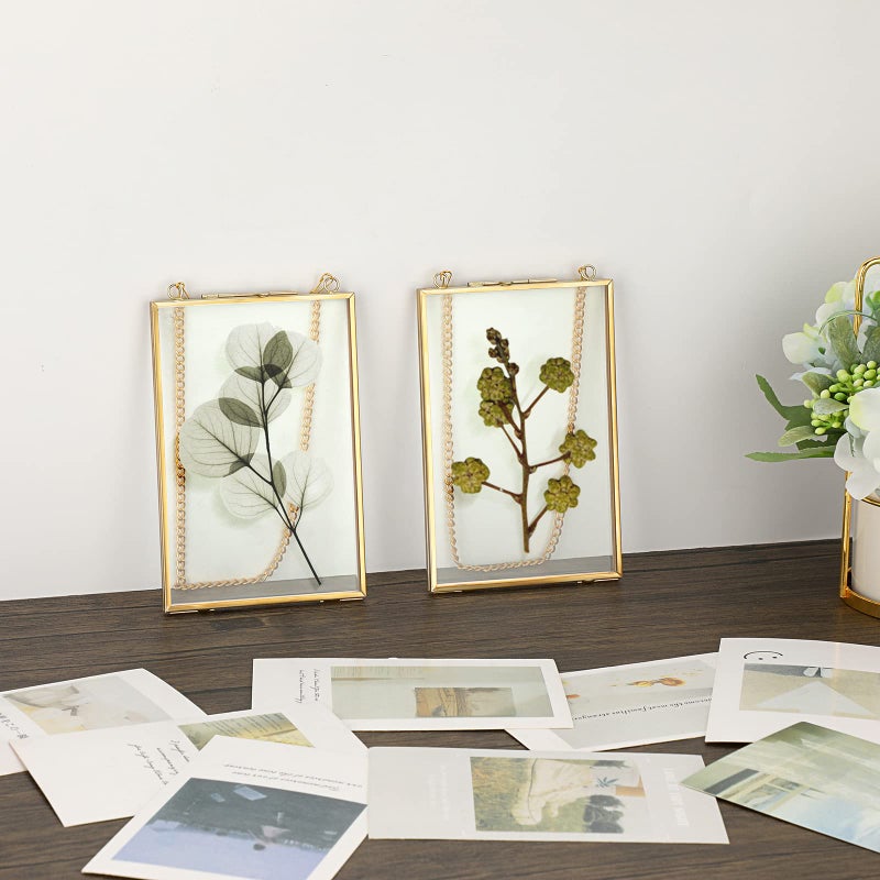 JUXYES Set of 2 Wall Hanging Brass Frames for Pressed Flowers, Double Glass Hanging Picture Artwork Display Frame, Vertical Gold Floating Style Gallery Wall Frame for Photo Picture Poster etc, 4x6 Inches - Image 5