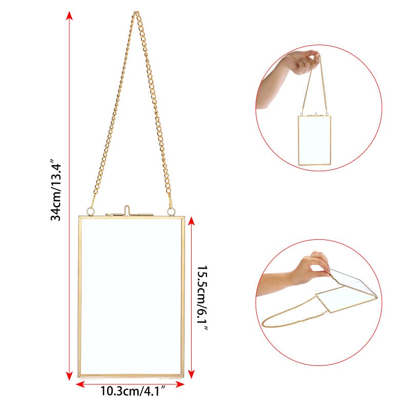 JUXYES Set of 2 Wall Hanging Brass Frames for Pressed Flowers, Double Glass Hanging Picture Artwork Display Frame, Vertical Gold Floating Style Gallery Wall Frame for Photo Picture Poster etc, 4x6 Inches - Image 2