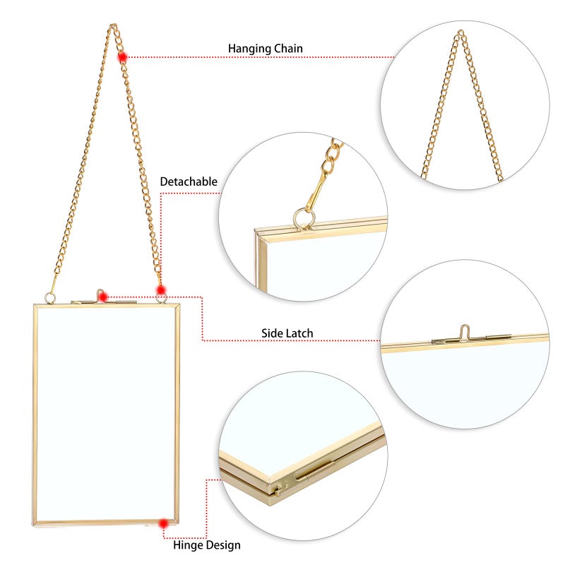 JUXYES Set of 2 Wall Hanging Brass Frames for Pressed Flowers, Double Glass Hanging Picture Artwork Display Frame, Vertical Gold Floating Style Gallery Wall Frame for Photo Picture Poster etc, 4x6 Inches - Image 3