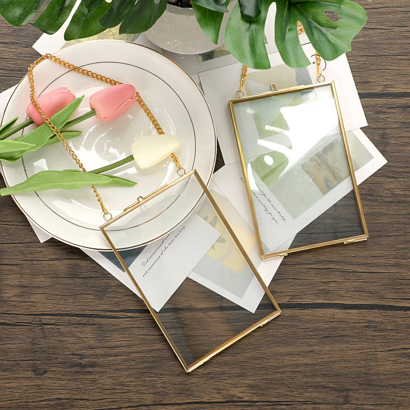 JUXYES Set of 2 Wall Hanging Brass Frames for Pressed Flowers, Double Glass Hanging Picture Artwork Display Frame, Vertical Gold Floating Style Gallery Wall Frame for Photo Picture Poster etc, 4x6 Inches - Image 4