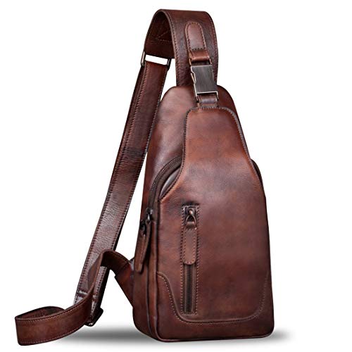 IVTG Genuine Leather Sling Bag for Men Chest Shoulder Crossbody Hiking Backpack Vintage Handmade Daypack (Coffee) - Image 1
