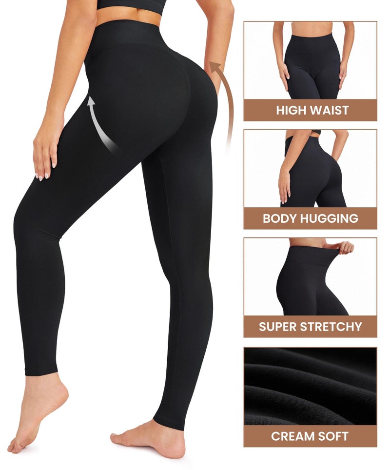 VALANDY Creamlush Black Leggings for Women High Waist Yoga Pants Stretch Tummy Control Tights Athletic Workout Running - Image 5