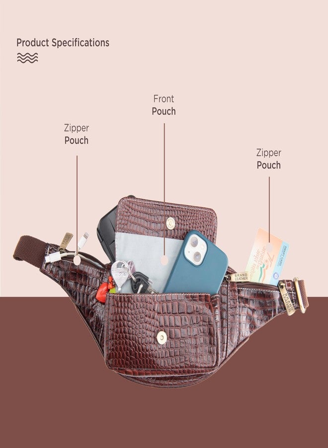 BRAND LEATHER Genuine Leather Waist Bag Elegant Style Travel Pouch Passport Holder with Adjustable Strap (Croco Brown) - Image 5