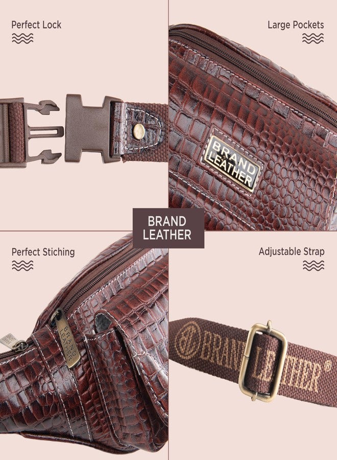 BRAND LEATHER Genuine Leather Waist Bag Elegant Style Travel Pouch Passport Holder with Adjustable Strap (Croco Brown) - Image 3