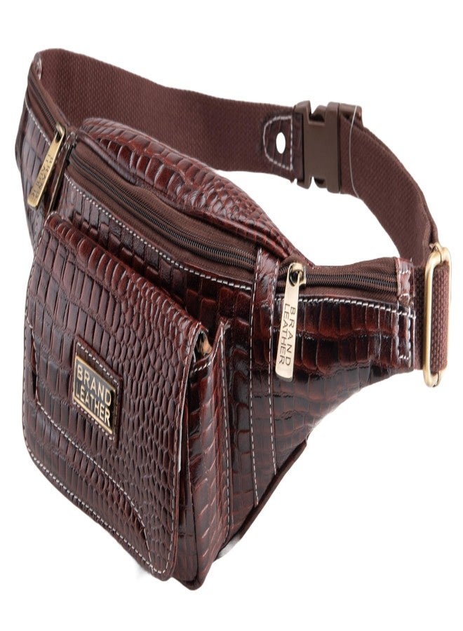 BRAND LEATHER Genuine Leather Waist Bag Elegant Style Travel Pouch Passport Holder with Adjustable Strap (Croco Brown) - Image 1