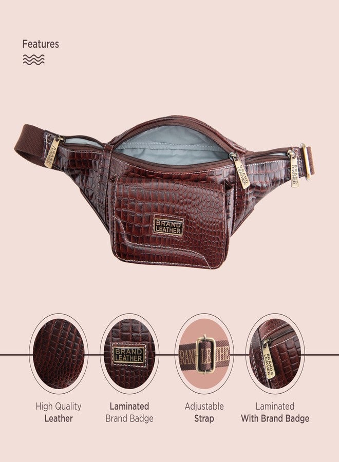 BRAND LEATHER Genuine Leather Waist Bag Elegant Style Travel Pouch Passport Holder with Adjustable Strap (Croco Brown) - Image 4