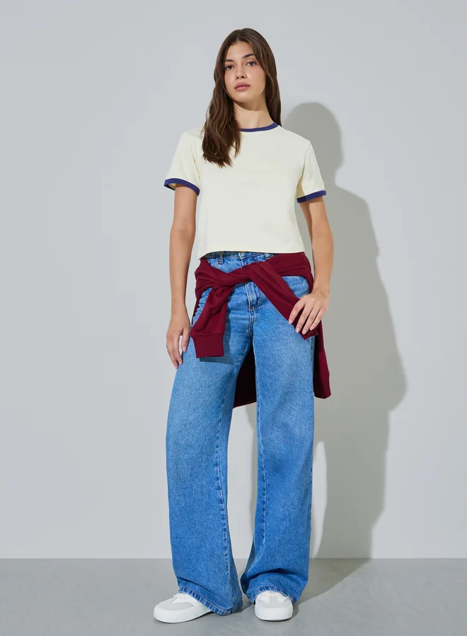 ستايلي Cream Ringer T-Shirt with Round Neck