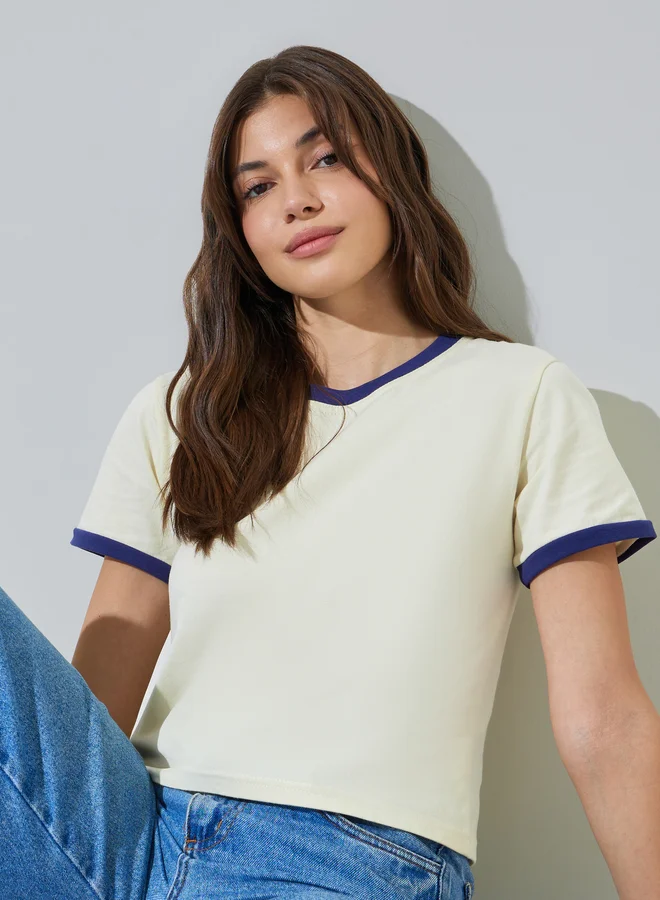 ستايلي Cream Ringer T-Shirt with Round Neck