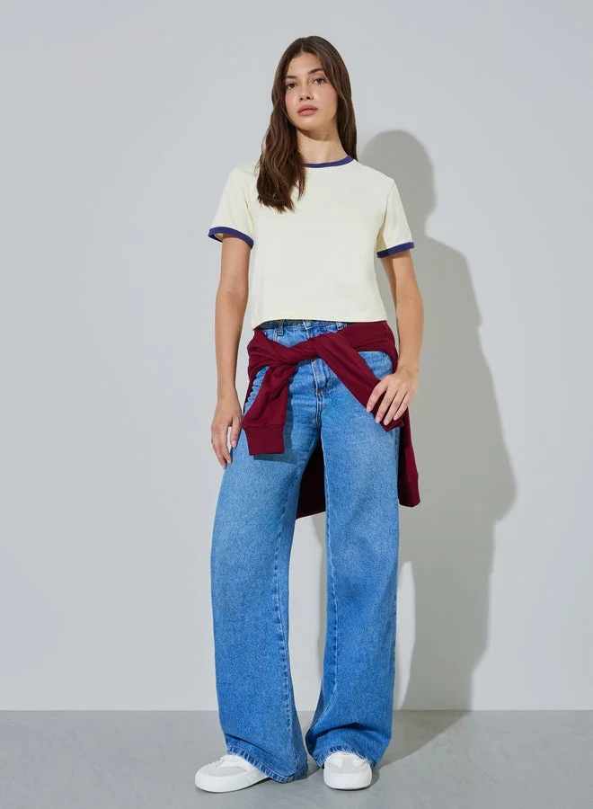 Styli Cream Ringer T-Shirt with Round Neck