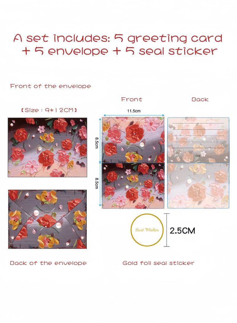 لغة ٥ قطع من بطاقات التهنئة بأسلوب الرسم الزيتي، بطاقة بريدية بأسلوب الرسم اليدوي، بطاقة تهنئة رومانسية ومريحة لأعياد الميلاد والحفلات والتجمعات والهدايا وتعبير عن المودة (وردة) - Image 2