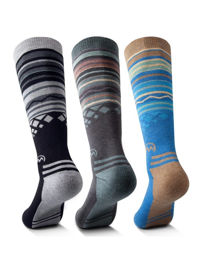 OutdoorMaster OutdoorMaster Ski Socks 3-Pack Merino Wool, Over The Calf Non-Slip Cuff for Men & Women, Black Blue Grey, M  - Image 1