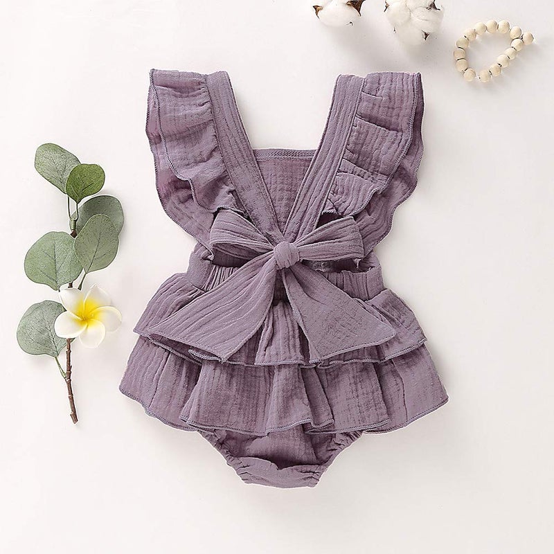 Douhoow Newborn Baby Girls Romper Ruffle Jumpsuit Bodysuit One-piece Cotton Linen Outfits Clothes (Purple, 0-3 Months) - Image 2