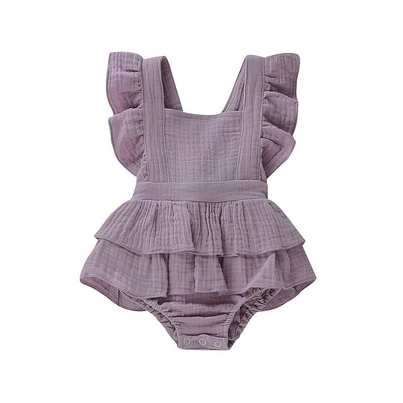 Douhoow Newborn Baby Girls Romper Ruffle Jumpsuit Bodysuit One-piece Cotton Linen Outfits Clothes (Purple, 0-3 Months) - Image 1