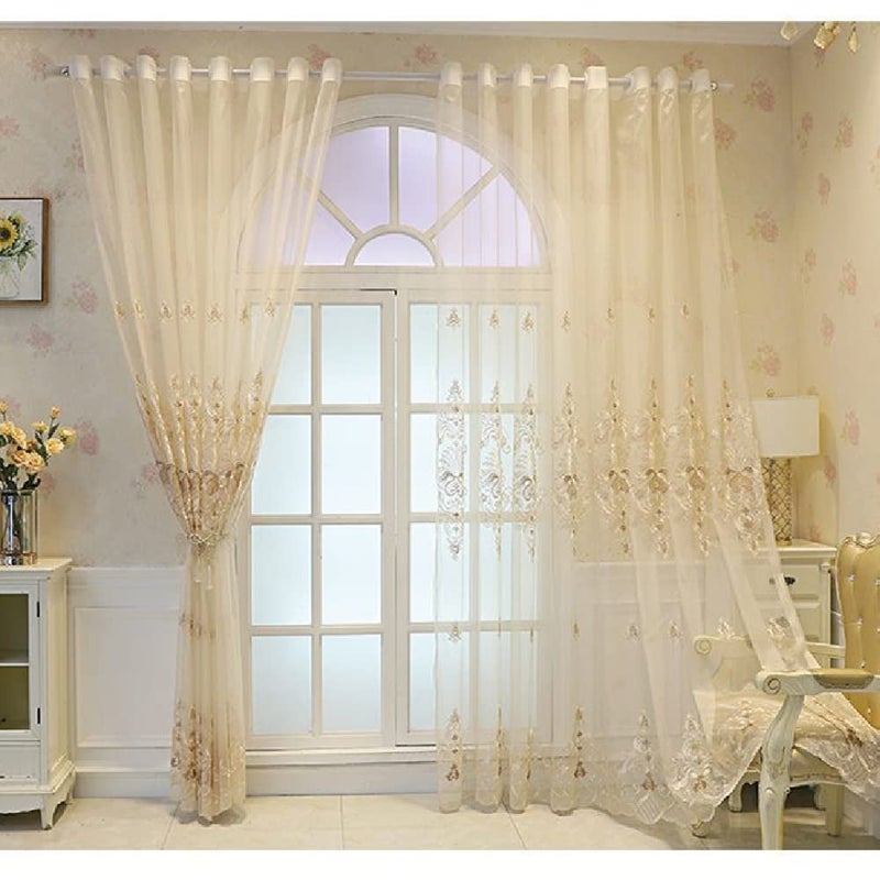 Amidoudou 1 Pair European Embroidered Tulle Curtains for Living Room Bedroom Luxury Translucent Curtain (Beige,51x95 Inch) - Image 4