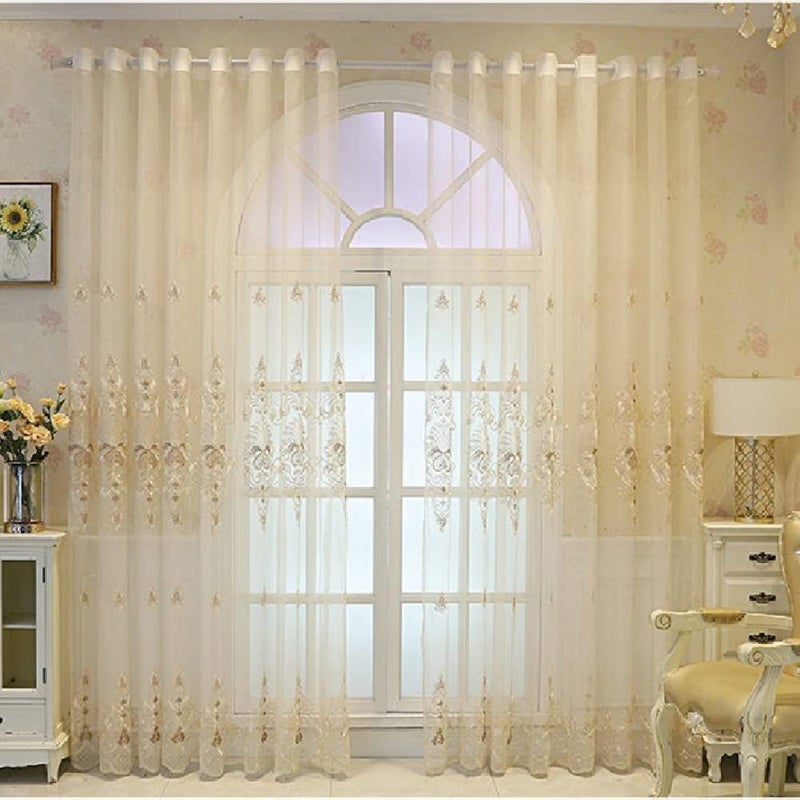 Amidoudou 1 Pair European Embroidered Tulle Curtains for Living Room Bedroom Luxury Translucent Curtain (Beige,51x95 Inch) - Image 3