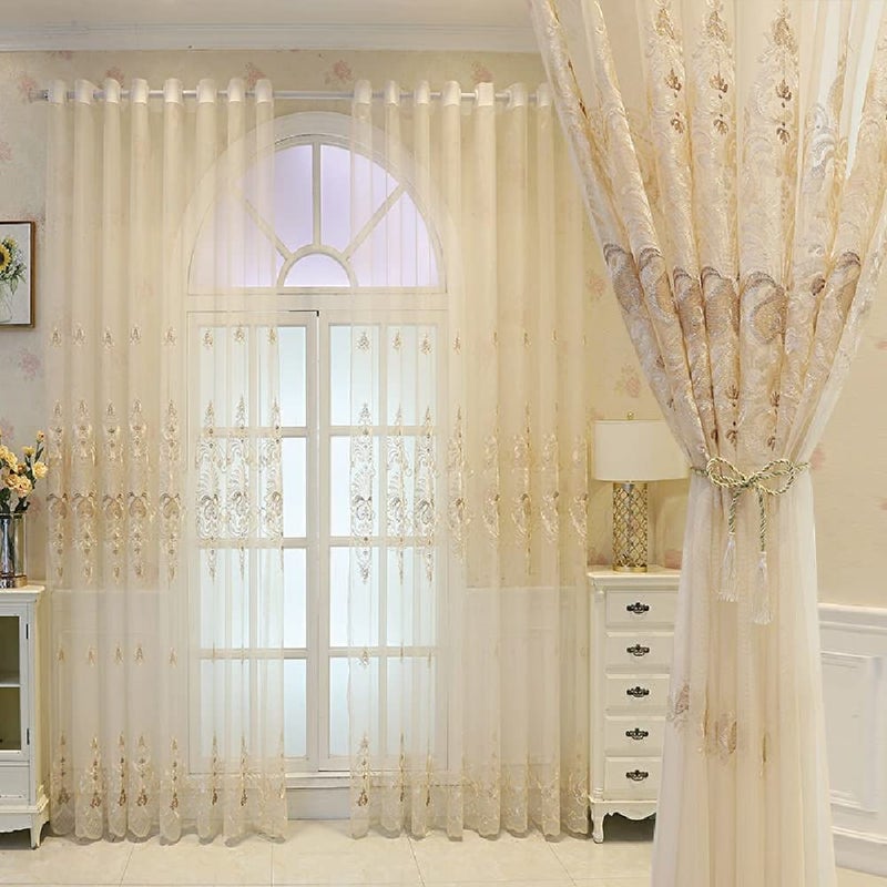 Amidoudou 1 Pair European Embroidered Tulle Curtains for Living Room Bedroom Luxury Translucent Curtain (Beige,51x95 Inch) - Image 1