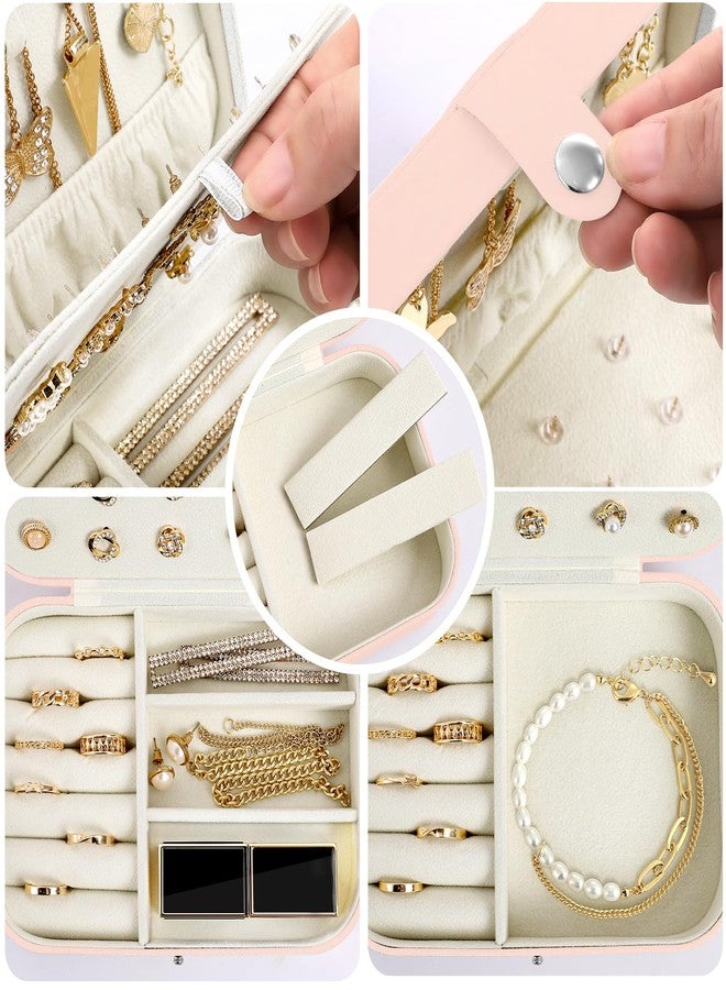 CNMTCCO Jewellery Box Small Travel Jewelry Organiser Storage Case for Necklace Rings Bracelets Earrings Premium Faux PU Leather Jewellery Gift Box Girls Women (Pink) - Image 3