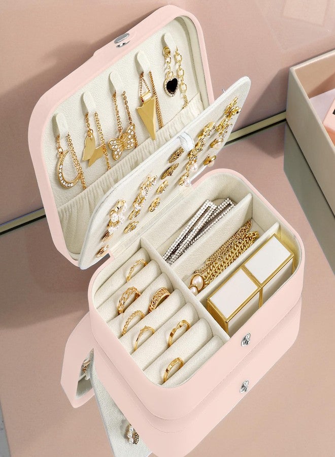 CNMTCCO Jewellery Box Small Travel Jewelry Organiser Storage Case for Necklace Rings Bracelets Earrings Premium Faux PU Leather Jewellery Gift Box Girls Women (Pink) - Image 2