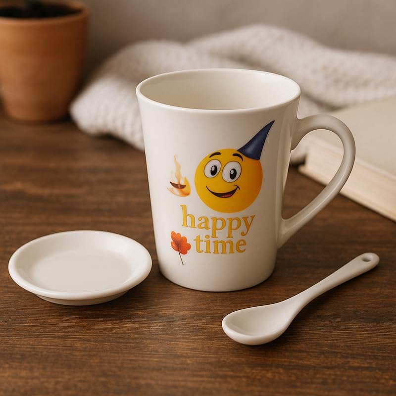 Fitto White Ceramic Mug with Spoon, Happy Birthday Print, Smile and Cake Design - Image 2