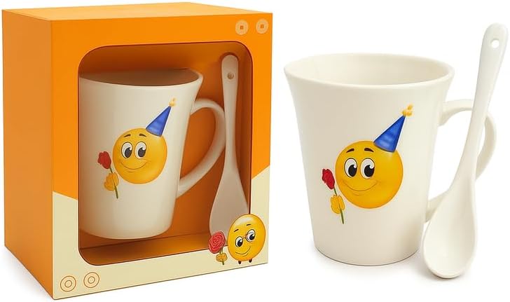 Fitto White Ceramic Mug with Spoon, Happy Birthday Print, Smile and Cake Design - Image 1
