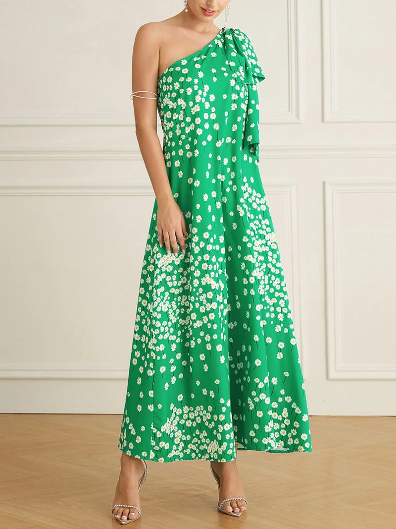 Fashionable Asymmetric One-Shoulder Printed Dress - Image 1