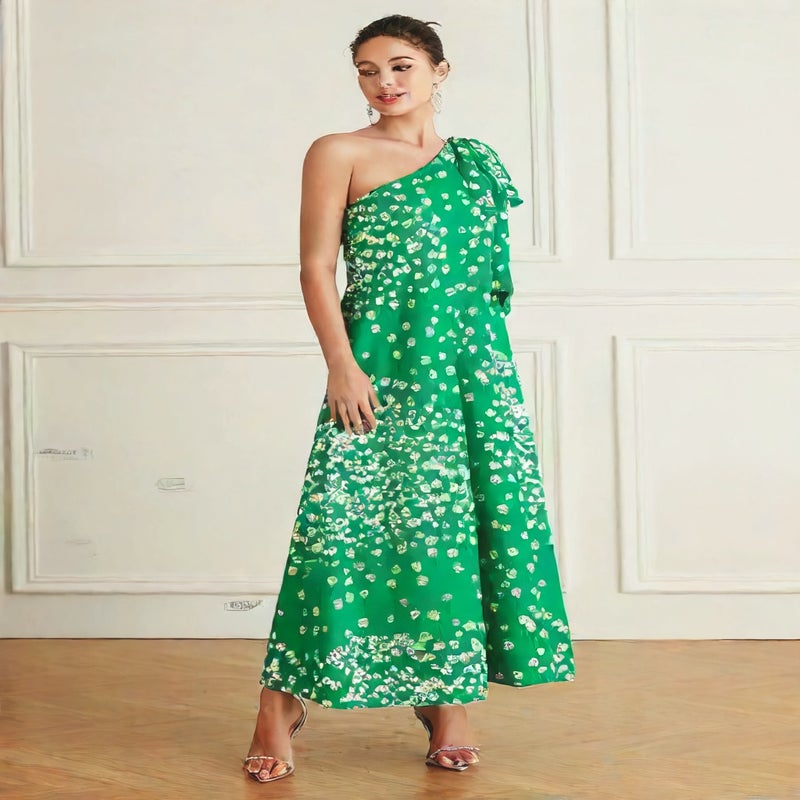 Fashionable Asymmetric One-Shoulder Printed Dress - Image 3