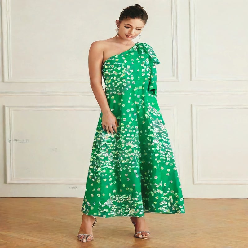 Fashionable Asymmetric One-Shoulder Printed Dress - Image 2