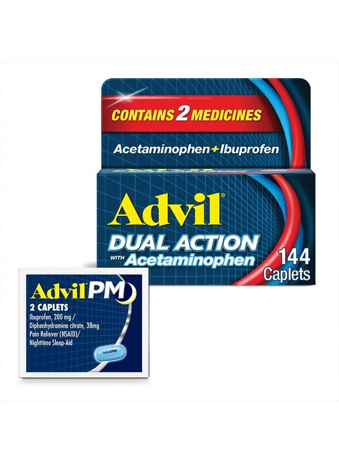 Advil Dual Action With Acetaminophen And Ibuprofen (2 Dose Equivalent) For 8 Hour Pain Relief, Coated 144 Ct Caplets And 2 Ct. Sample Of Advil PM - Image 1
