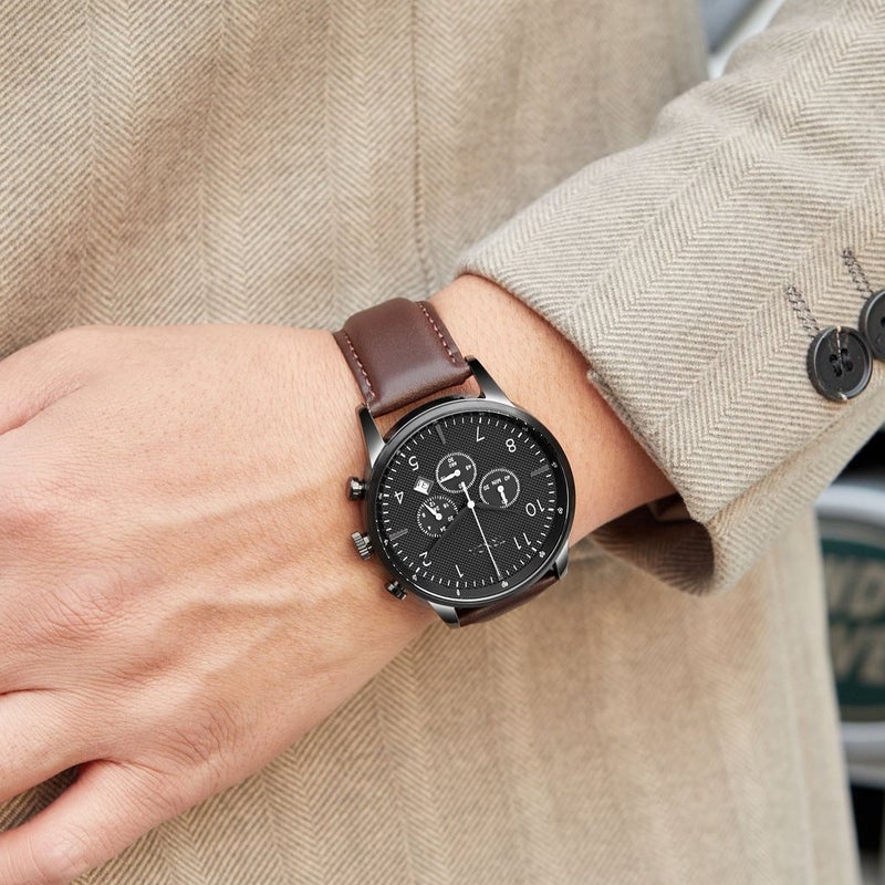 ترندا ساعة TRNDA من الفولاذ المقاوم للصدأ مقاس 43 مم للرجال - مينا رمادي داكن وسوار جلدي بني - Image 2