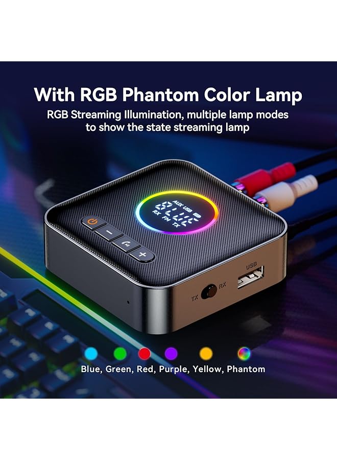 إكسفور جهاز إرسال واستقبال صوت بتقنية بلوتوث 5.4 مُحسّن بتقنية RGB M10 للتلفزيون، ومكبرات صوت ستيريو منزلية، ومحول صوت بتقنية بلوتوث مع شاشة، ومنفذ USB، وRCA، ومنفذ AUX 3.5 مم، ومدخل/مخرج راديو FM - Image 3