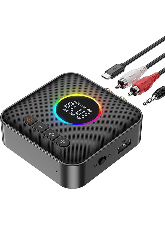 إكسفور جهاز إرسال واستقبال صوت بتقنية بلوتوث 5.4 مُحسّن بتقنية RGB M10 للتلفزيون، ومكبرات صوت ستيريو منزلية، ومحول صوت بتقنية بلوتوث مع شاشة، ومنفذ USB، وRCA، ومنفذ AUX 3.5 مم، ومدخل/مخرج راديو FM - Image 1