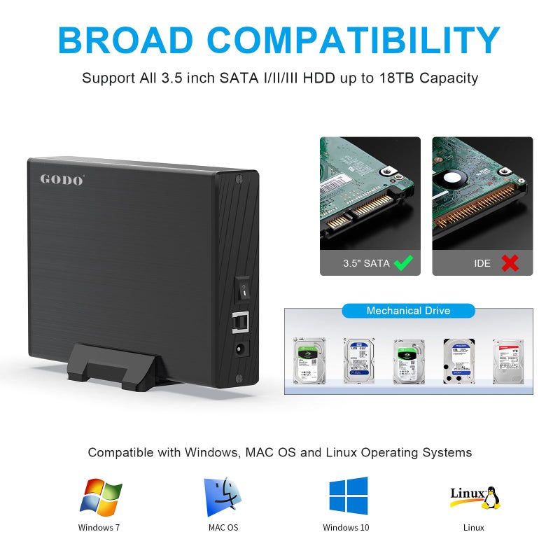 GODO USB 3.0 to 3.5 Inch Hard Drive Enclosure, Vertical External Hard Drive Docking with Stand for 3.5 inch SATA HDD SSD, Aluminum Alloy Drive Case Support Up to 18TB with UASP,Power Adapter - Image 3