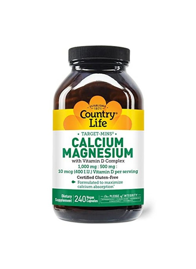 Country Life Target Mins Calcium Magnesium With Vitamin D Complex 1000Mg/500Mg/10Mcg 240 Vegan Capsules Certified Gluten Free Certified Vegan Verified Non Gmo Verified  - Image 1