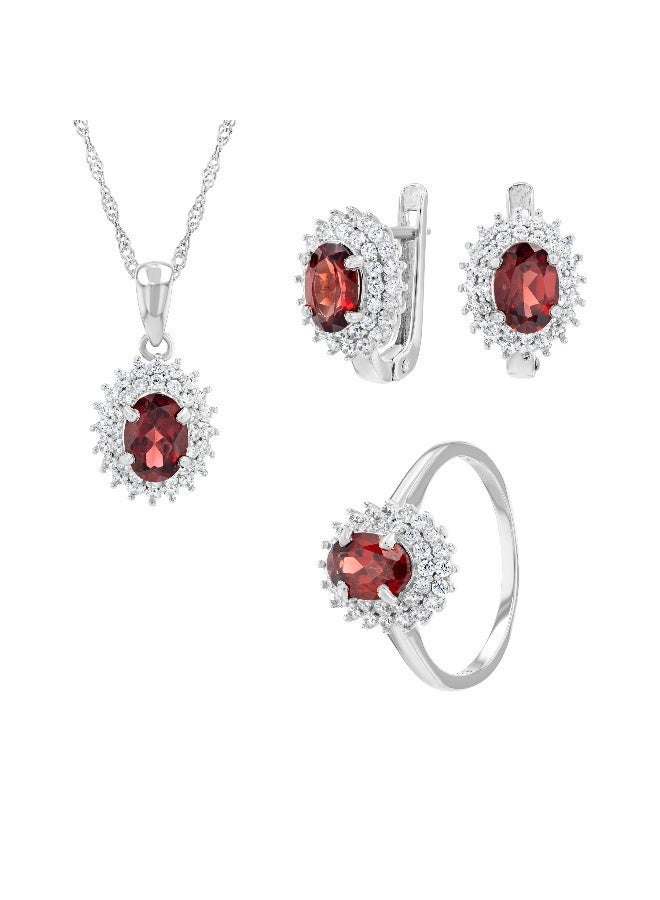 Genuine Garnet & Zirconia Silver Set Ring, Pendant & Earrings