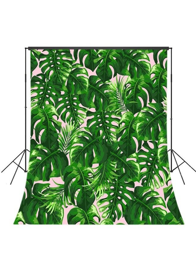 LB 5X7ft Tropical Green Leaves Photography Backdrop Monstera and Palm Leaf on Pink Background for Photography Spring Plant Photo Background for Family Party Pictures Customized Photo Booth Studio Props  - Image 1