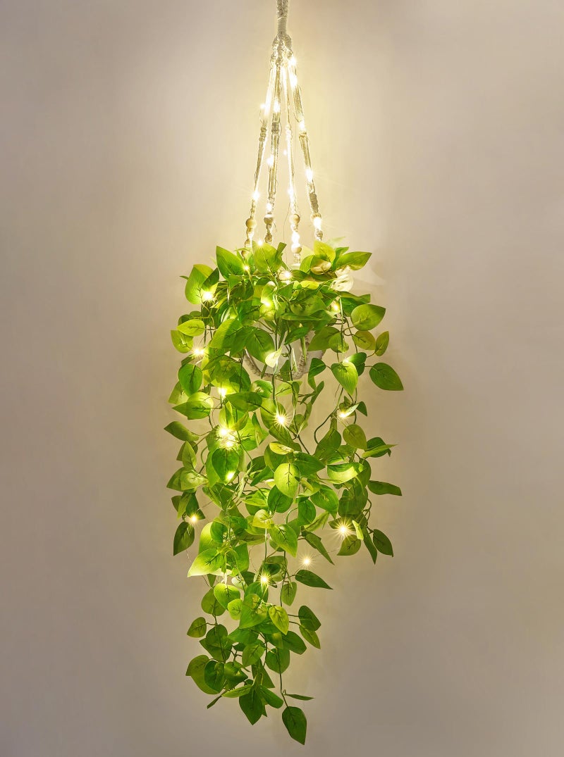 Mkono Fake Hanging Plant with Lights Artificial Plants for Home Decor Indoor Macrame Plant Hanger with Fake Vines Greenery for Bedroom Bathroom Kitchen Office Decor