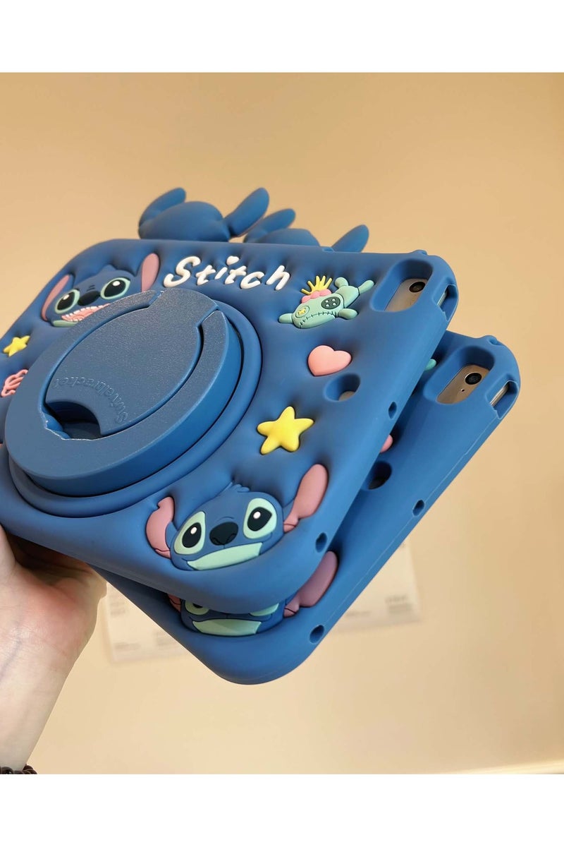 for iPad 11th(A16) 2025 Cute Kids Kawaii Cover Boys 3D Cartoon Stitch with Rotating Handle Stand  Soft Silicone Case - Image 2