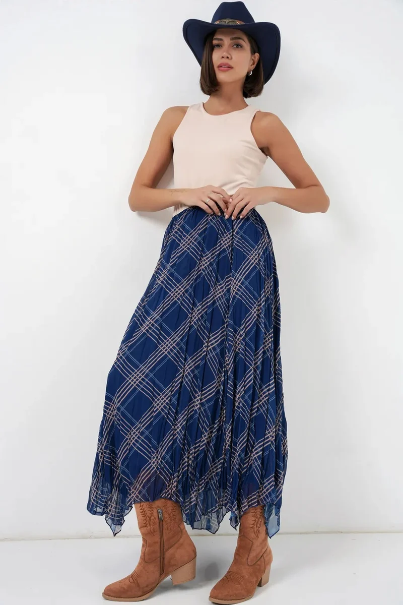 Big Dart Navy Blue BDART Asymmetrical Patterned Maxi Skirt for Women | Best Price UAE