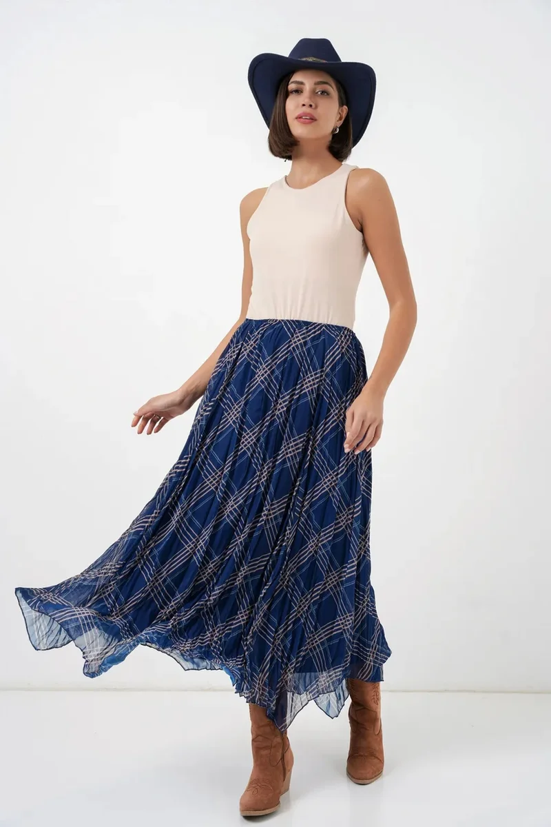 Big Dart Navy Blue BDART Asymmetrical Patterned Maxi Skirt for Women | Best Price UAE