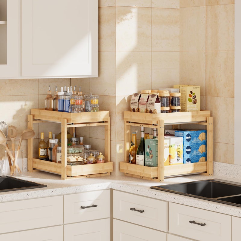 APRTAT 2 Pack Under Sink Organizer, Bamboo Wooden 2-Tier Pull-Out Storage with Sliding Drawers for Kitchen and Bathroom Cabinets, Easy Installation (Natural, 2 Packs) - Image 4