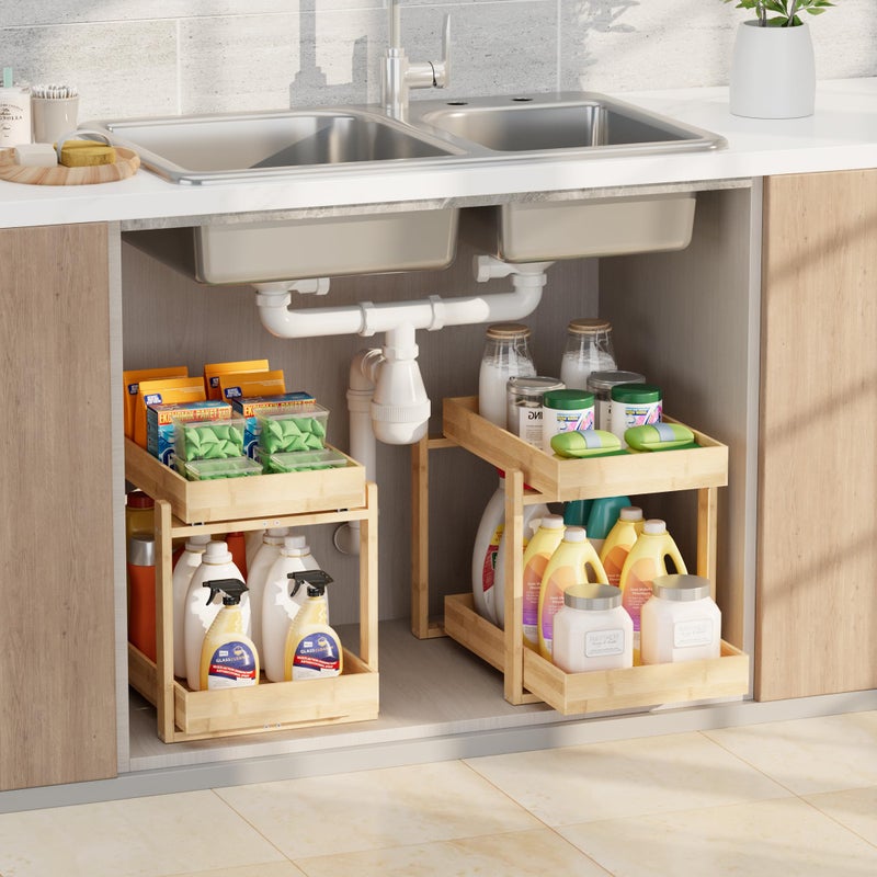 APRTAT 2 Pack Under Sink Organizer, Bamboo Wooden 2-Tier Pull-Out Storage with Sliding Drawers for Kitchen and Bathroom Cabinets, Easy Installation (Natural, 2 Packs) - Image 1