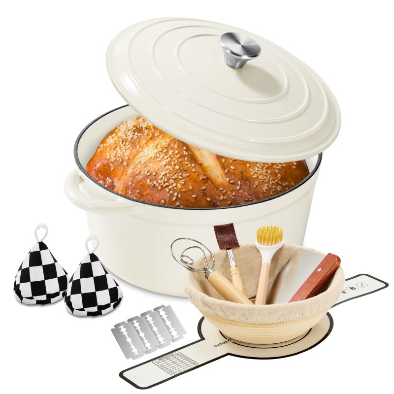 Blingco Enameled Cast Iron Dutch Oven with Lid -6.5 QT, incl. Sourdough Bread-Baking Supplies like Banneton Proofing Basket, Heavy Duty Cookware Bread-Oven for Baking, Stews, and Roasting, Cream White - Image 1
