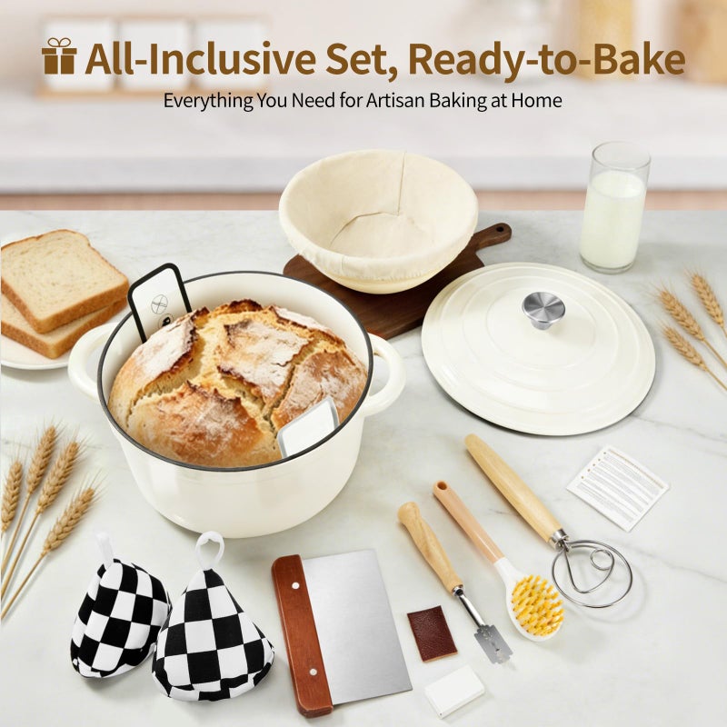 Blingco Enameled Cast Iron Dutch Oven with Lid -6.5 QT, incl. Sourdough Bread-Baking Supplies like Banneton Proofing Basket, Heavy Duty Cookware Bread-Oven for Baking, Stews, and Roasting, Cream White - Image 2